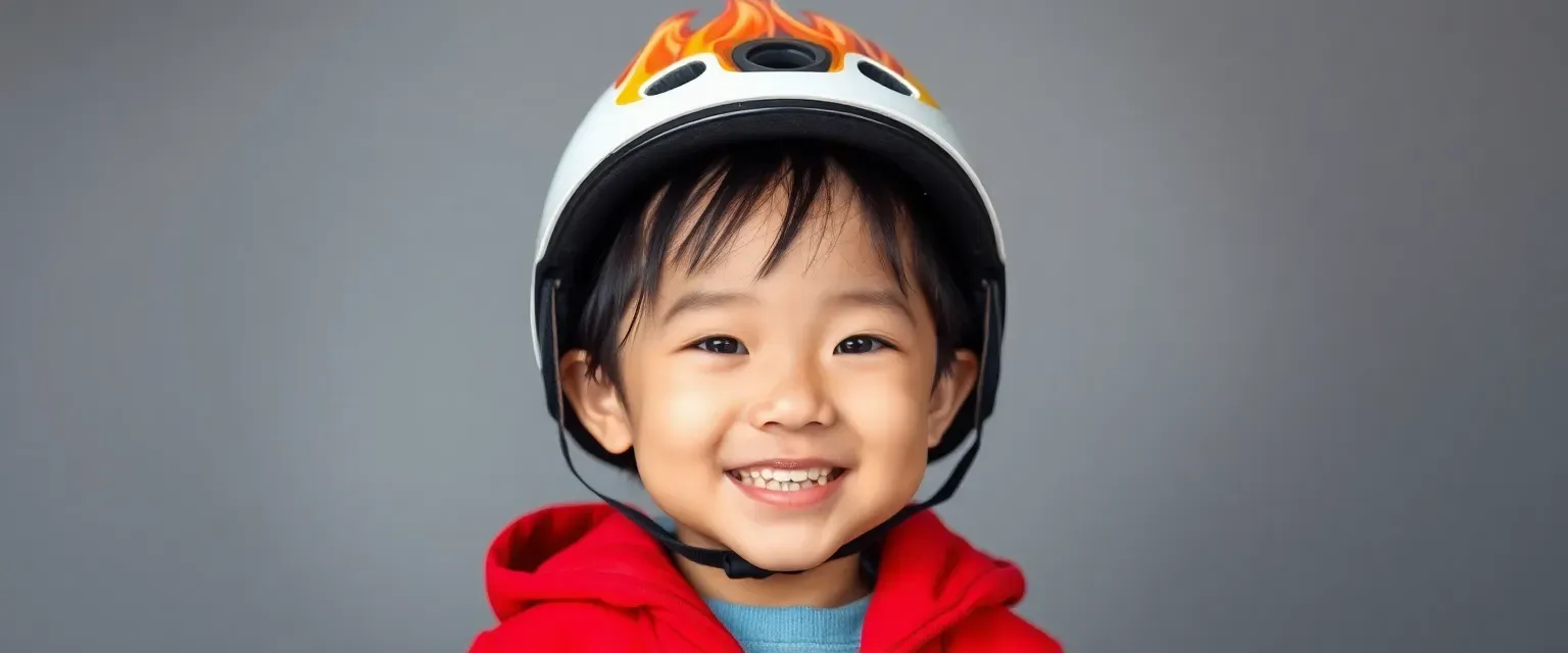 A spirited six-year-old Chinese girl with pyrocephalia; flame-topped head controlled by 'Helmy' helmet; tomboyish style; dislikes skirts due to sensory issues; sensitive yet spunky personality.