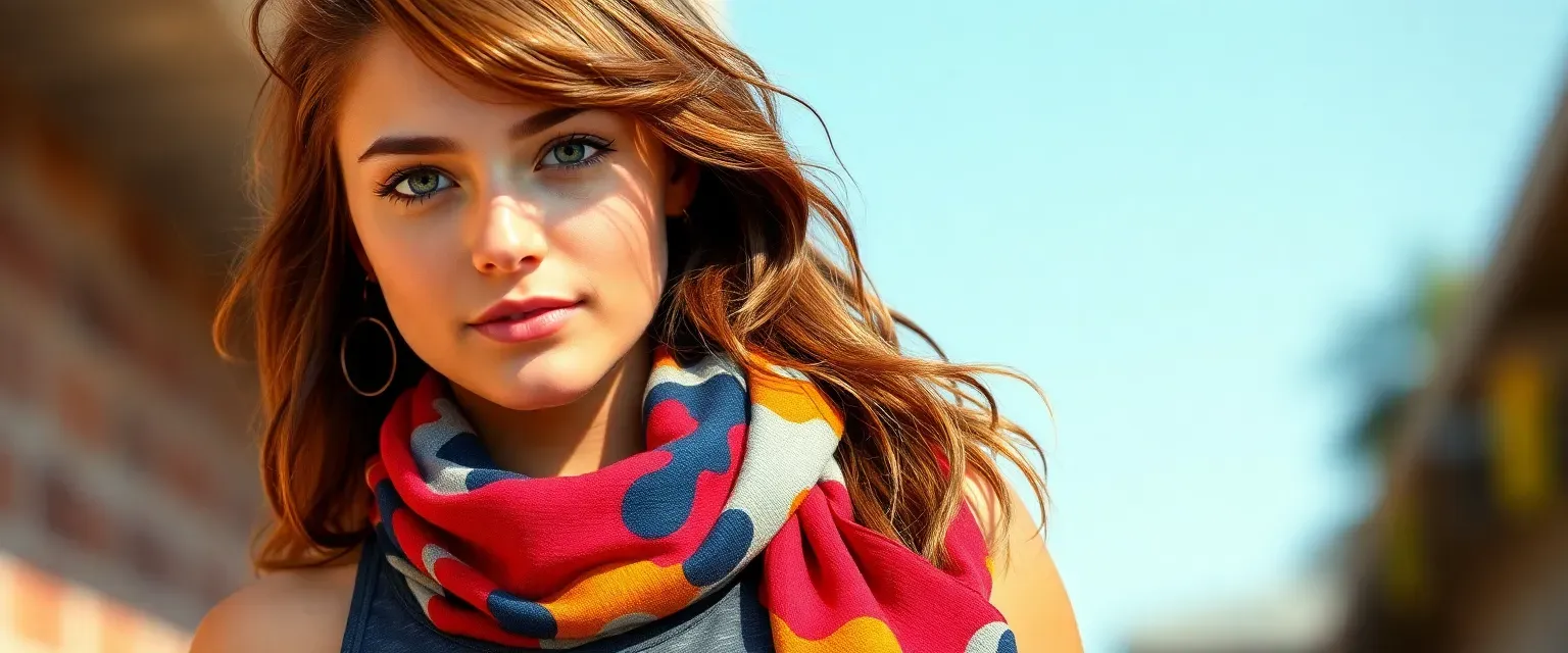 18-year-old Olivia, athletic build, sun-kissed skin, hazel eyes, chestnut hair, wearing stylish athletic wear with a colorful scarf.