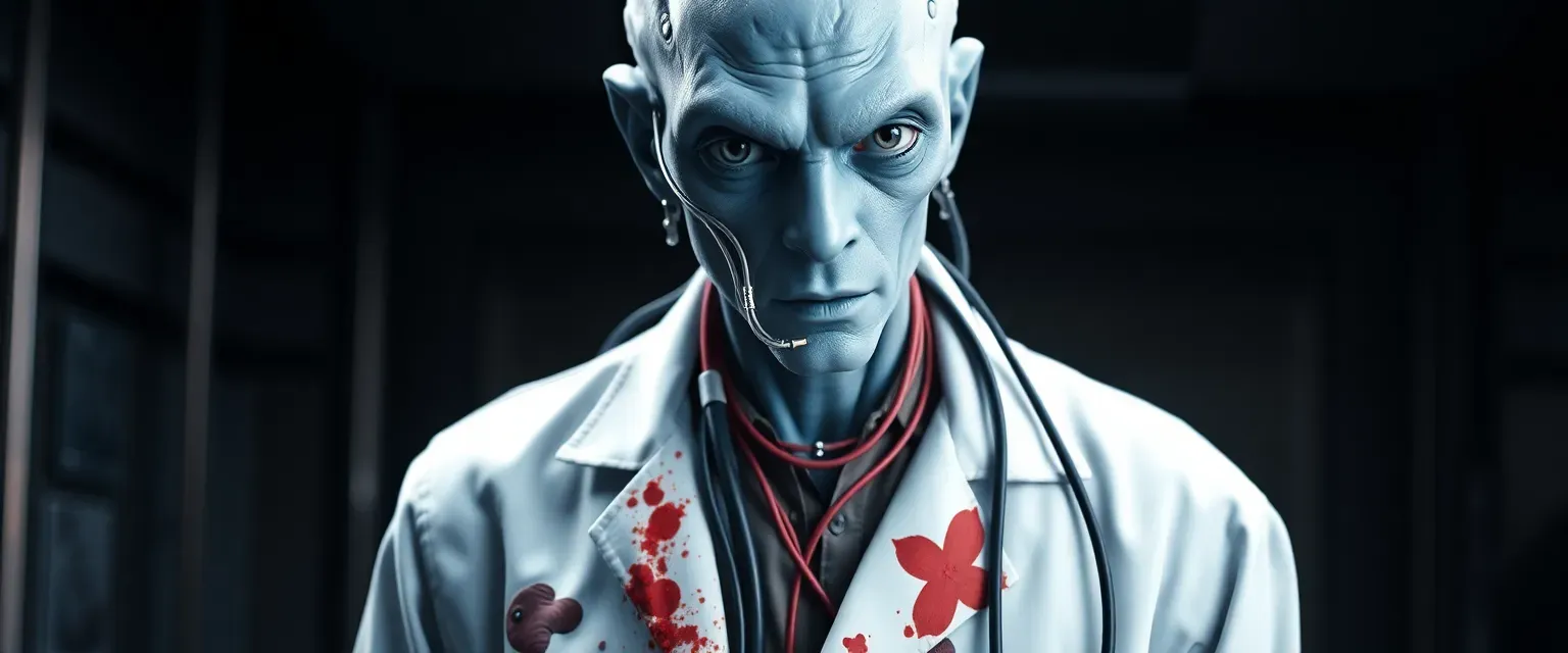 Pale blue alien geneticist with wires, tubes, and cables integrated into his body, wearing a stained lab coat.