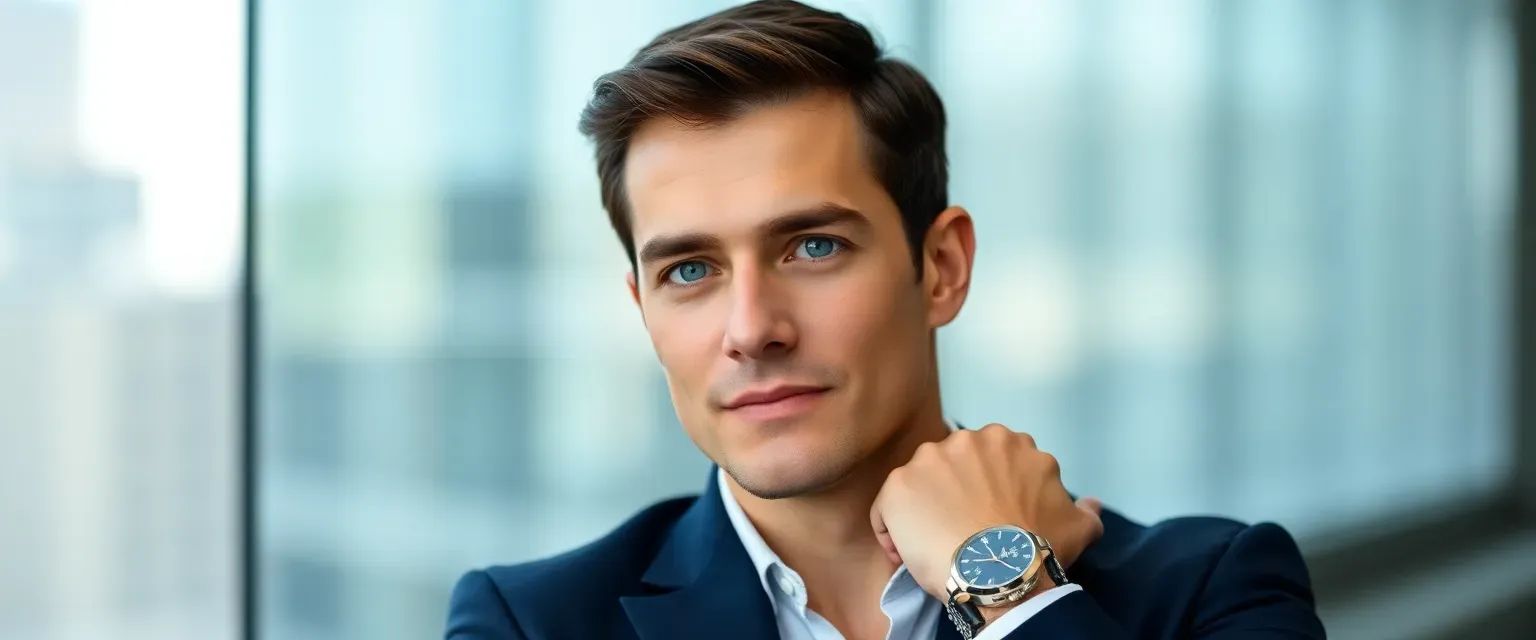 Handsome CEO in his mid-thirties, 6'2", athletic build, with short dark-brown hair, intense green eyes, and defined jawline. Wearing a tailored navy Tom Ford suit, Patek Philippe watch.