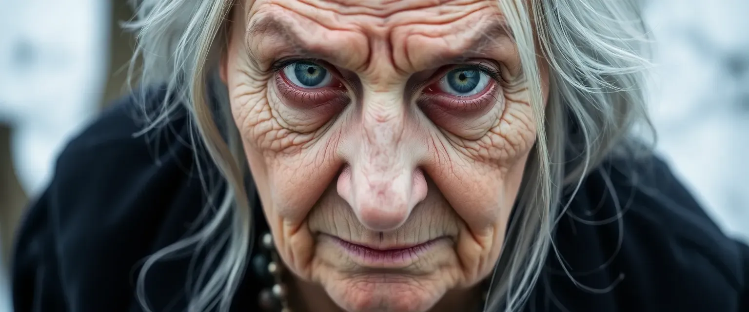 Elderly woman with silver hair, wrinkled skin, cloudy gray eyes, wearing a cursed necklace.