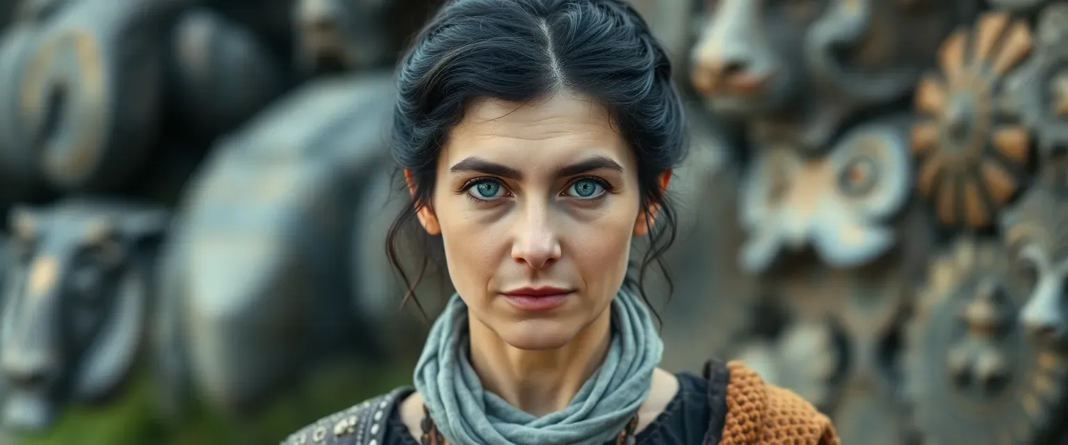 Young-looking 800-year-old woman with dark hair and blue eyes, dressed in a blend of modern and ancient styles.