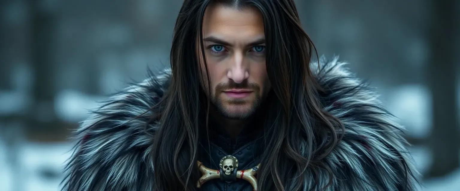 35-year-old man with ice blue eyes, long midnight hair, wearing a blood-stained wolf pelt cloak and bone belt.