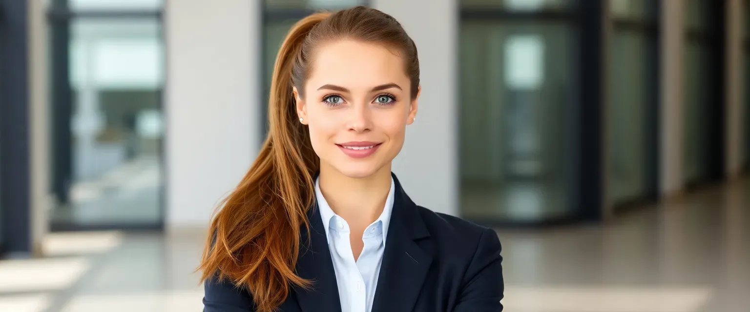 22-year-old Emily, athletic with chestnut ponytail, green eyes, in professional attire or casual jeans.