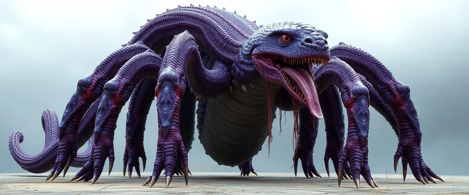 A towering 4-meter humanoid creature with a purple snake-like body, ten legs, four arms, and a human head. Features a 1.25m neck, dangling flesh strings, and a grotesque 2-meter tongue.