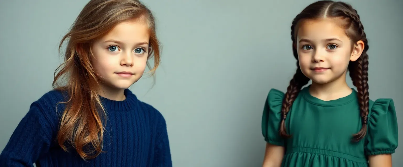 Nine-year-old French twins, Артиклюр with tousled chestnut hair and a blue sweater, Партиклюр with braided dark hair and a green dress.