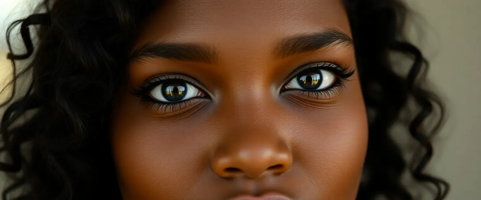 A young black woman with long curly onyx-black hair, big doe golden eyes, dark skin, pouty lips; lands lead role after escaping toxic relationship.