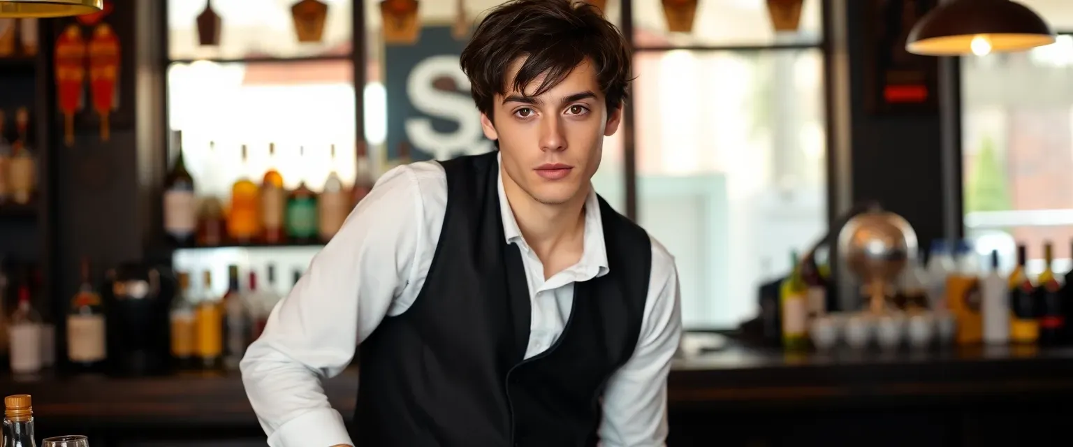 Dark-haired bartender in his early 20s, wearing a white shirt, black slacks, and a worn vest. Has deep brown eyes and a tousled look.