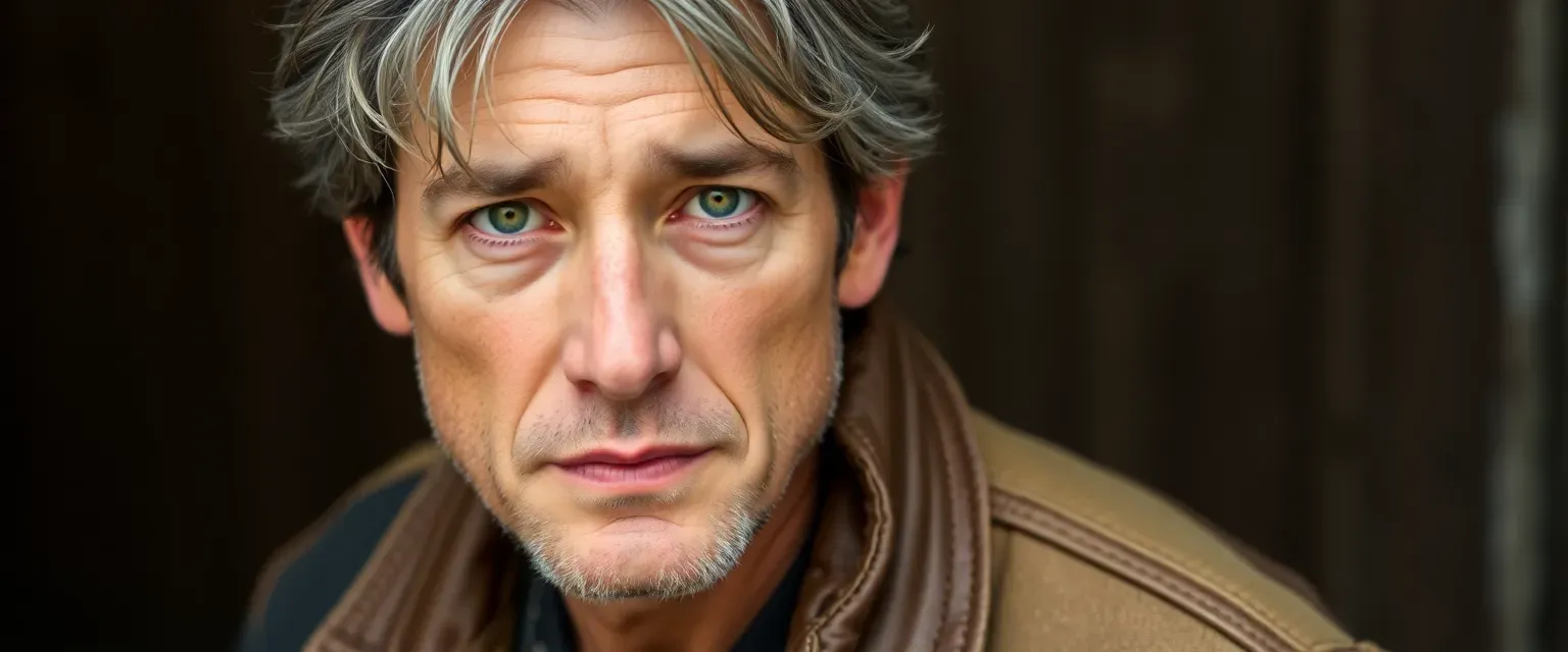 A weathered man in his 40s with green eyes and gray-streaked hair, wearing a patchwork leather jacket and boots.