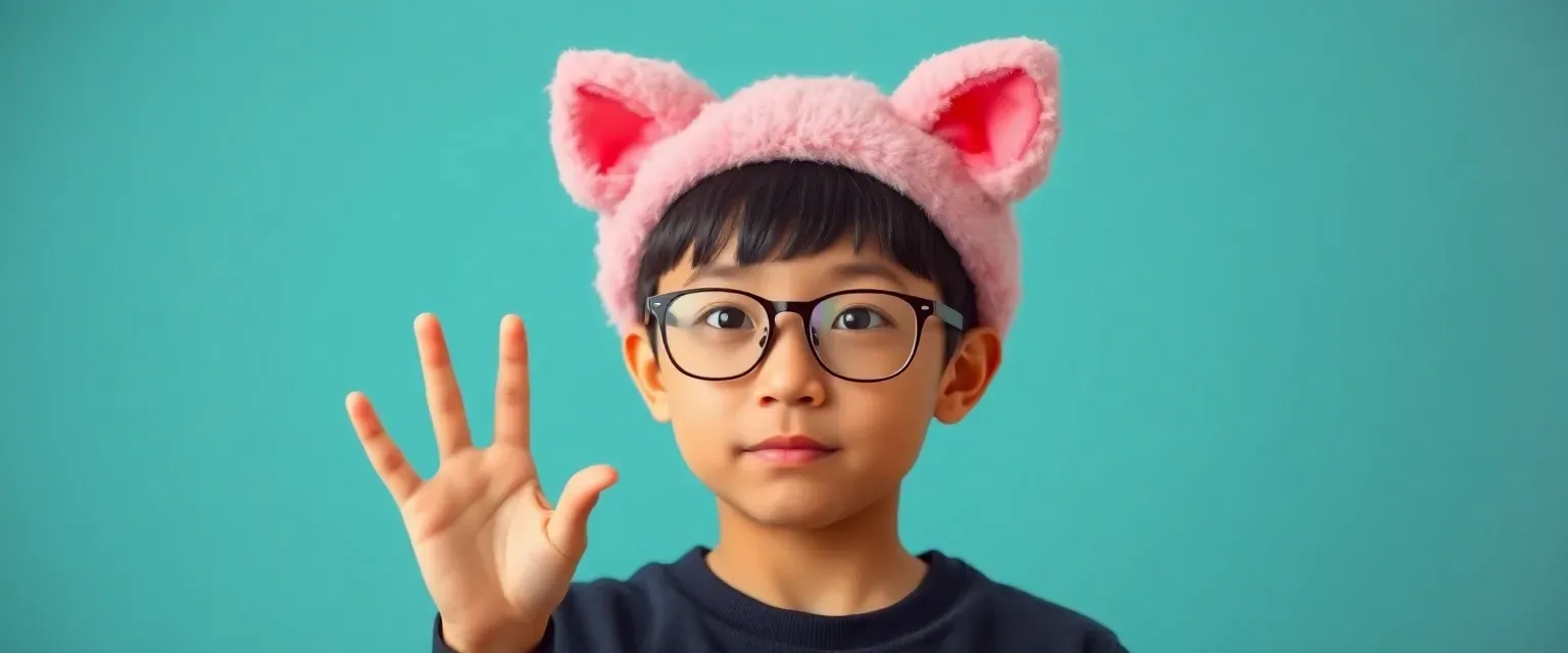 11-year-old Chinese-Sudanese boy with glasses and Aquapets pink fluffy Puku ears headband; born without vocal cords; uses sign language; nerdy appearance.