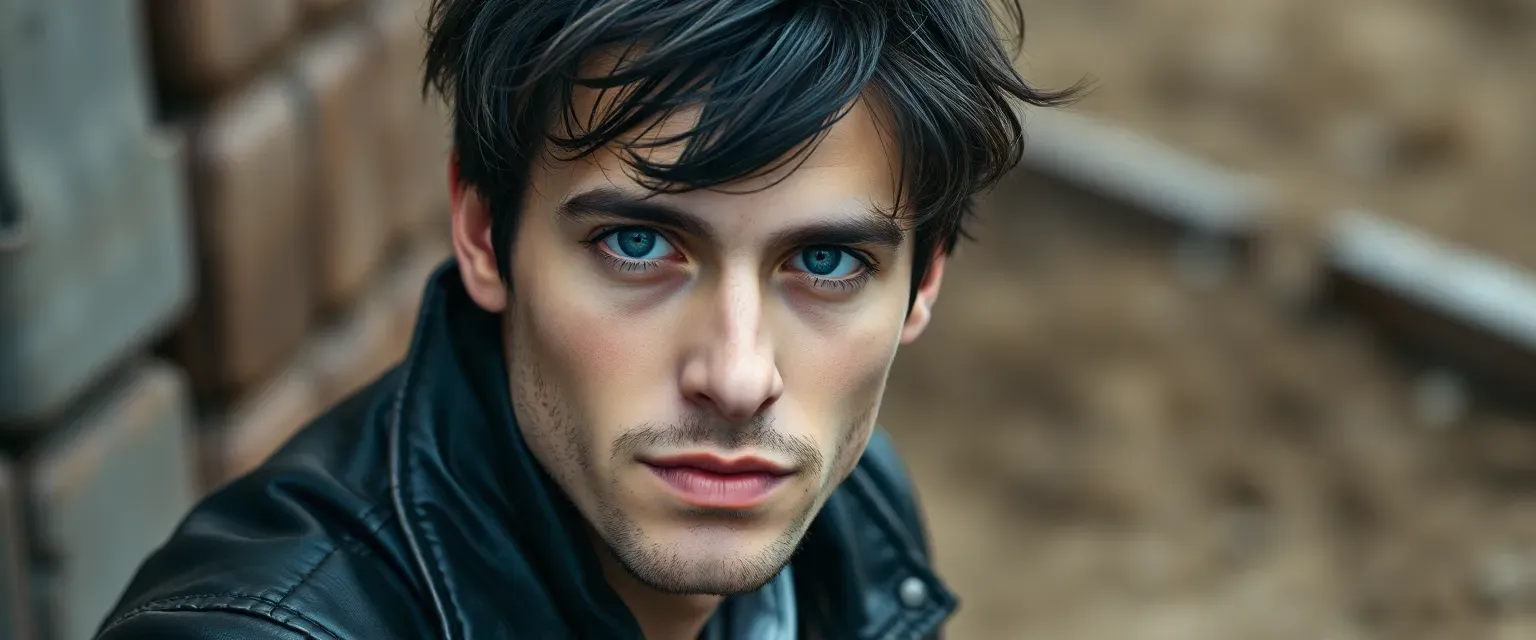 Late 20s man with unruly black hair, cerulean blue eyes, cooper skin, strong jaw, wearing a worn leather jacket and boots.