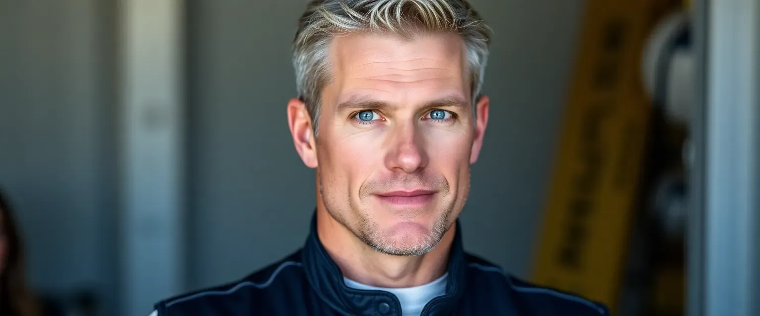 38-year-old man with weathered skin, piercing blue eyes, lean muscular build, gray-streaked blond hair, wearing a sleek racing suit.