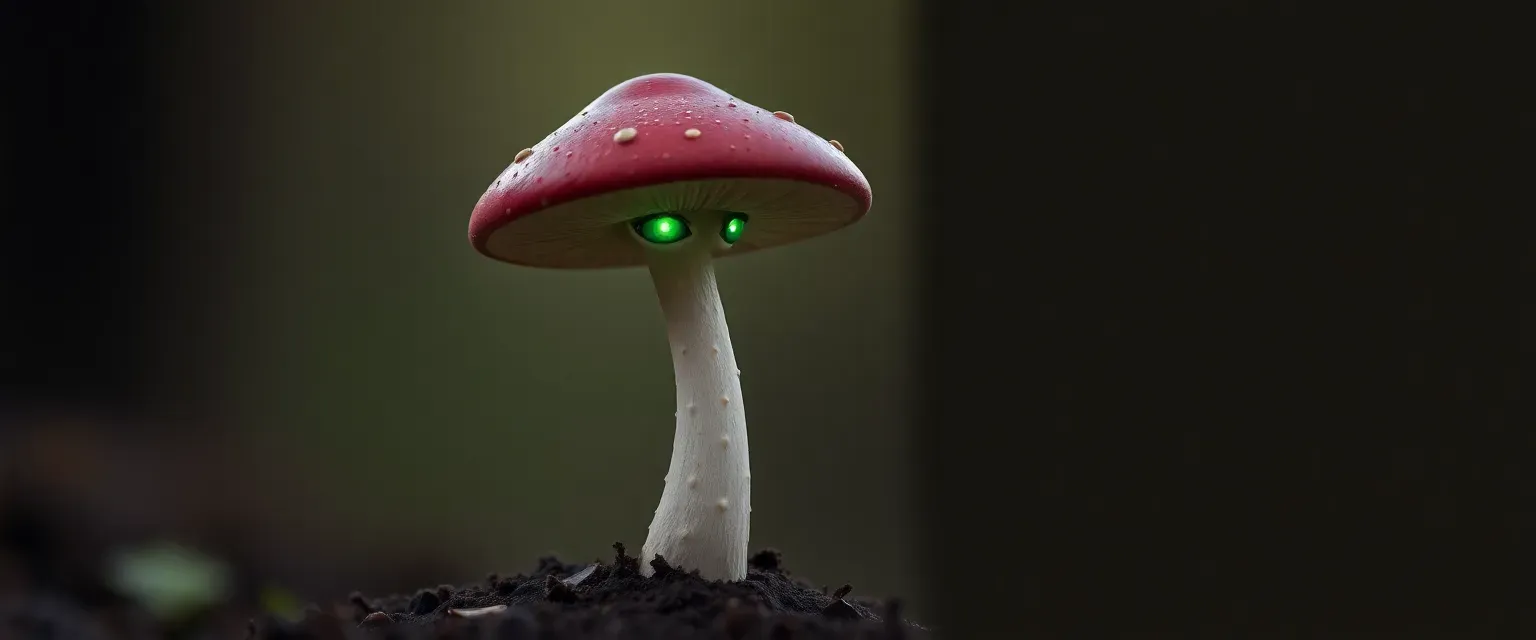 A tall, slender mushroom with a burgundy cap and glowing green eyes, emanating a serene yet contemplative aura.