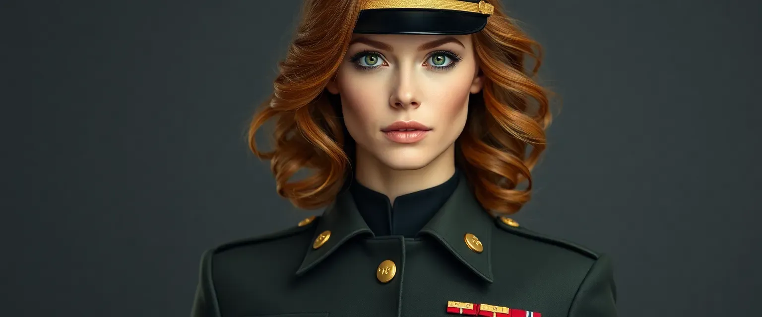 A tall, elegant woman in her early 30s with striking green eyes and copper hair, wearing a pristine military uniform with gold insignias. Her posture radiates authority and conviction.