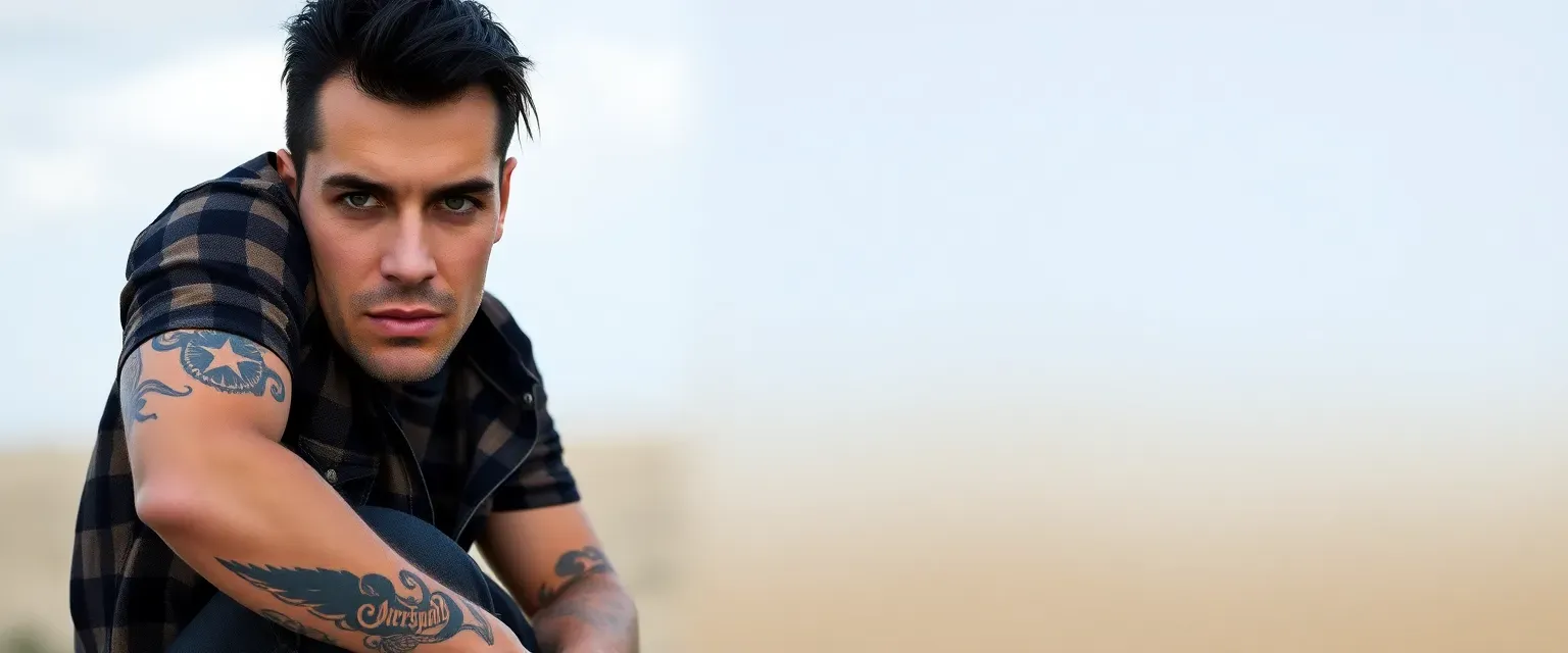 Tall US Army vet with jet black hair, striking blue eyes, muscular build adorned with tattoos; wears jeans, boots, plaid shirt.