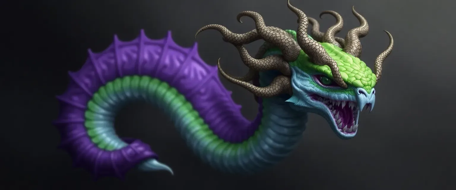 A serpentine creature with a bright green head, purple body, white limbs, and ten ornate horns protruding from its skull. Mystical and ethereal in appearance.