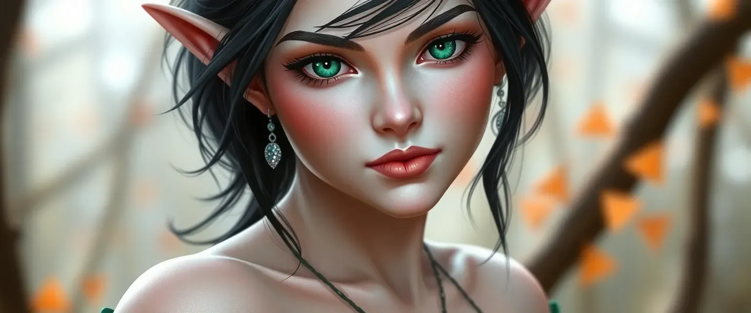 White-skinned elf woman with dark hair and emerald eyes. Her body is curvy, with large breasts and narrow waist.