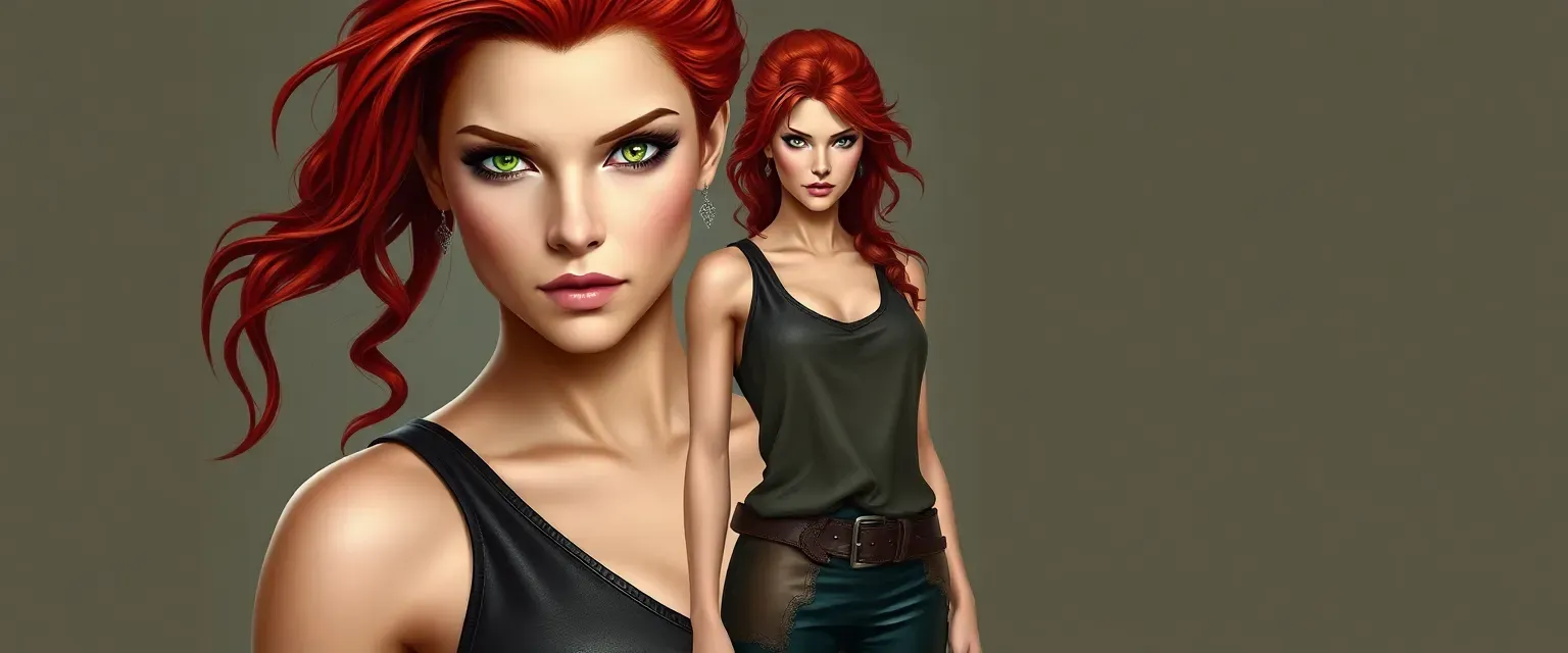 Tall muscular woman with fiery red curls and piercing green eyes wearing leather pants and sleeveless tunic.