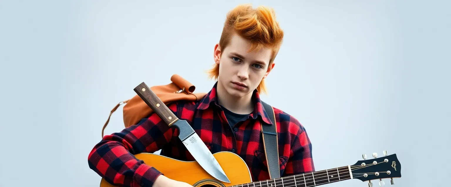 18-year-old with a ginger mullet, wearing flannel, holding a guitar and a hunting knife.