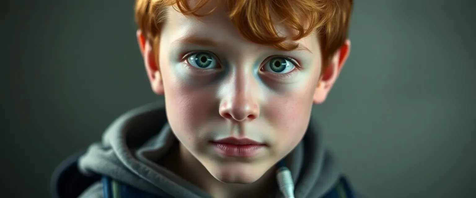 Ethan Carter is a frail 12-year-old boy with pale skin, thin auburn hair, and deep green eyes filled with resilience. He wears simple clothes and carries an oxygen tank due to severe asthma.