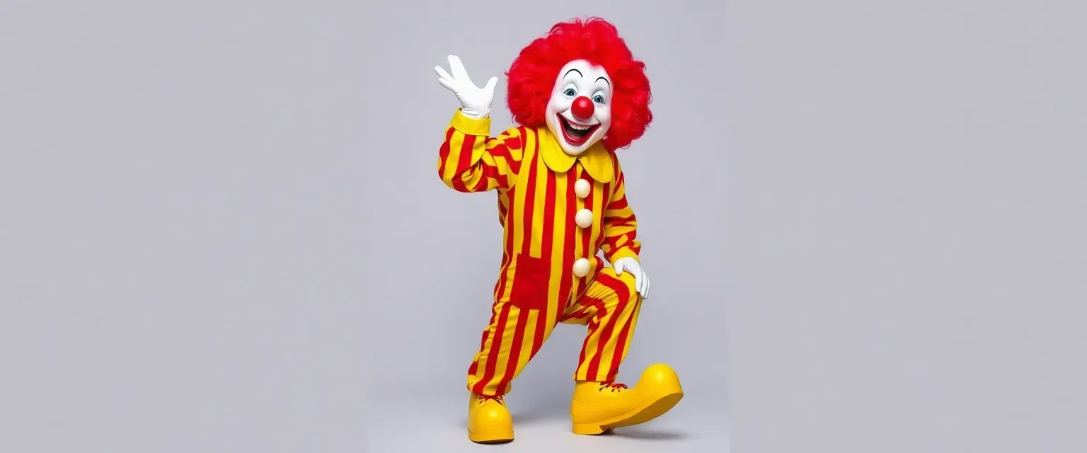 A cheerful clown in a red and yellow striped suit, with a red wig and oversized yellow shoes, embodying joy and fun.