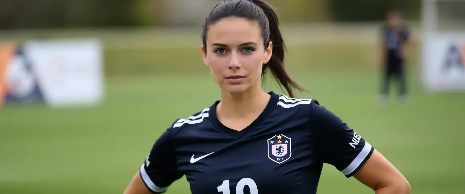 Athletic woman with dark ponytail, green eyes, wearing soccer kit number 10, standing on a field.