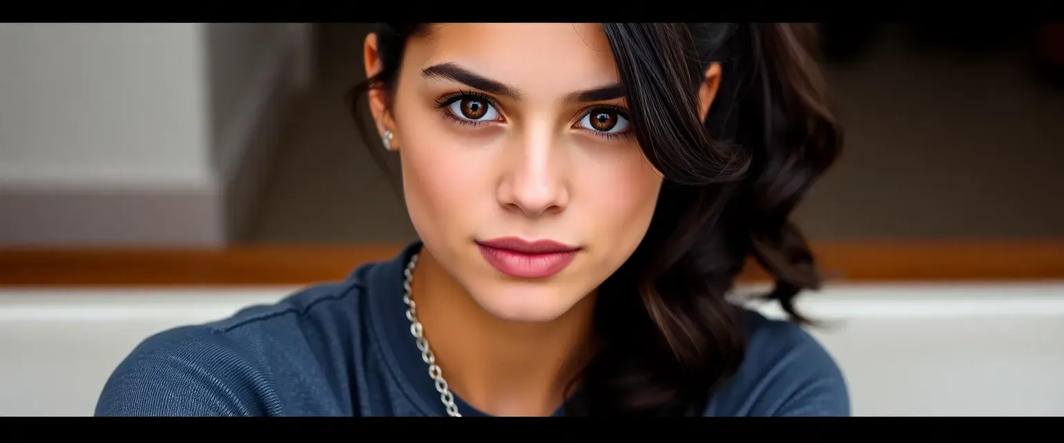 Seventeen-year-old Sadie with olive skin, dark wavy hair in a ponytail, and deep brown eyes, wearing jeans, a t-shirt, and a silver charm bracelet.