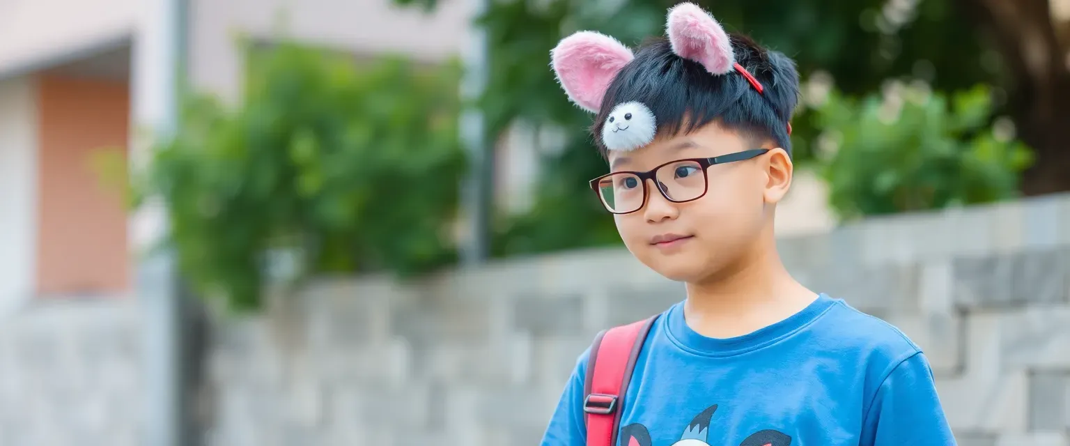 A 14-year-old mute Chinese-Sudanese boy named JingJing wears glasses and an Aquapets t-shirt alongside a special headband featuring Puku's fluffy pink ears.