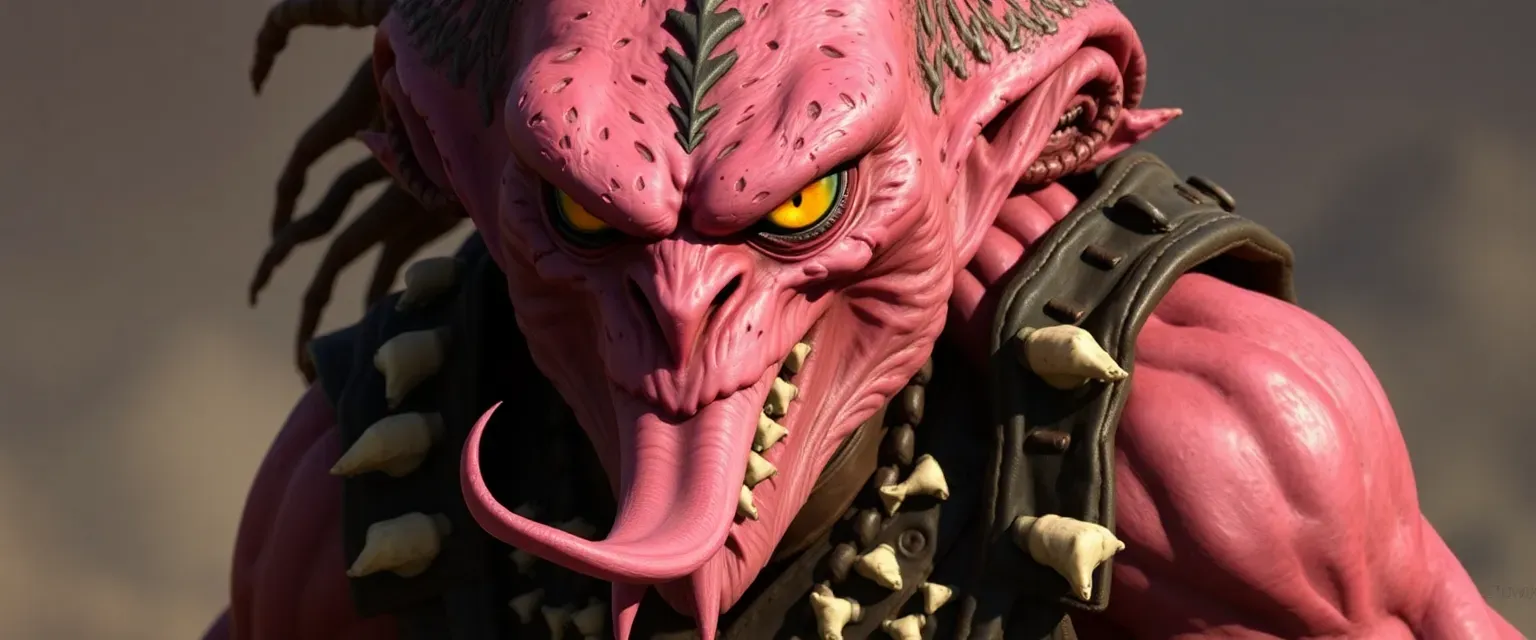 A towering humanoid with pink skin, serpentine yellow eyes, and a forked tongue. Muscular build, wearing tribal leather armor adorned with bone fragments.