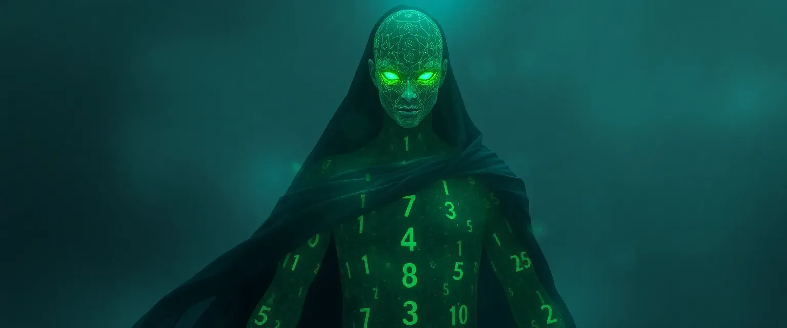 A tall, ethereal figure with glowing green numerical patterns swirling across his translucent form. His eyes emit an otherworldly emerald light, wearing a dark, flowing cloak that seems to merge with shadows.