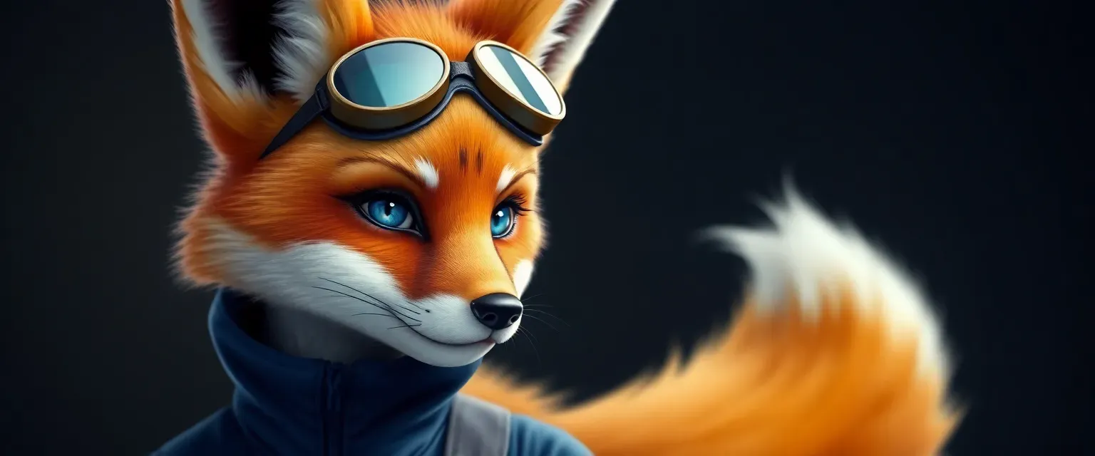 18-year-old female fox, orange fur, blue eyes, dark blue jumpsuit, goggles on forehead, athletic build.