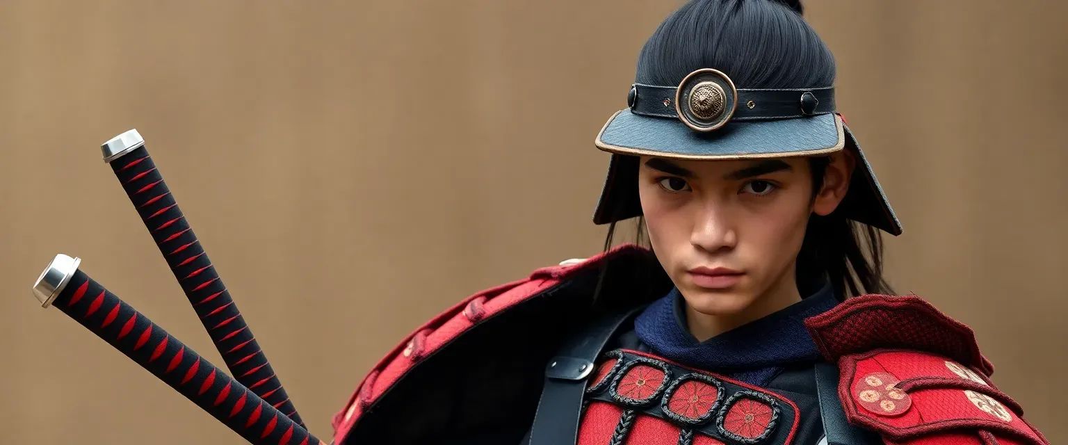 Young Japanese samurai warrior, mid-20s, tall with broad shoulders, wearing traditional armor with distinctive red lacquered plates, long black hair tied in topknot, carries two katanas.