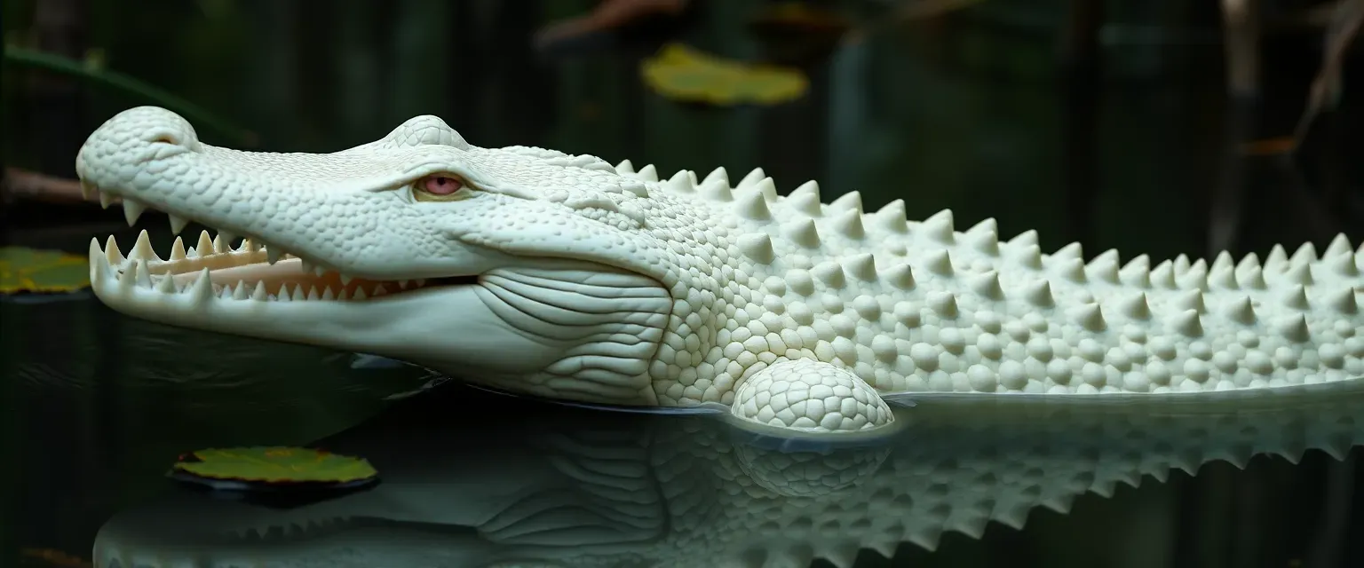 An albino crocodile named Alabaster with shimmering ivory scales and haunting pink eyes seeks companionship amidst the Louisiana swamps.