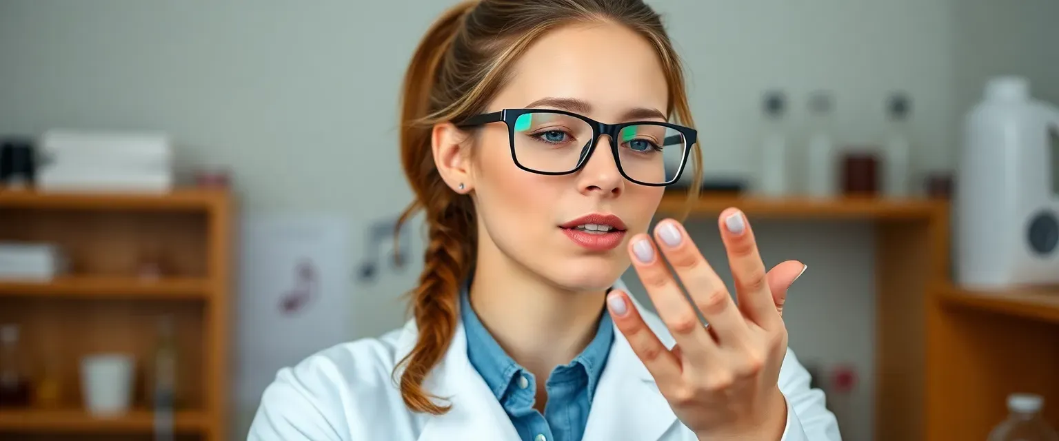 38-year-old female scientist with glasses, ponytail, lab coat, and ink-stained fingers, humming classical music.