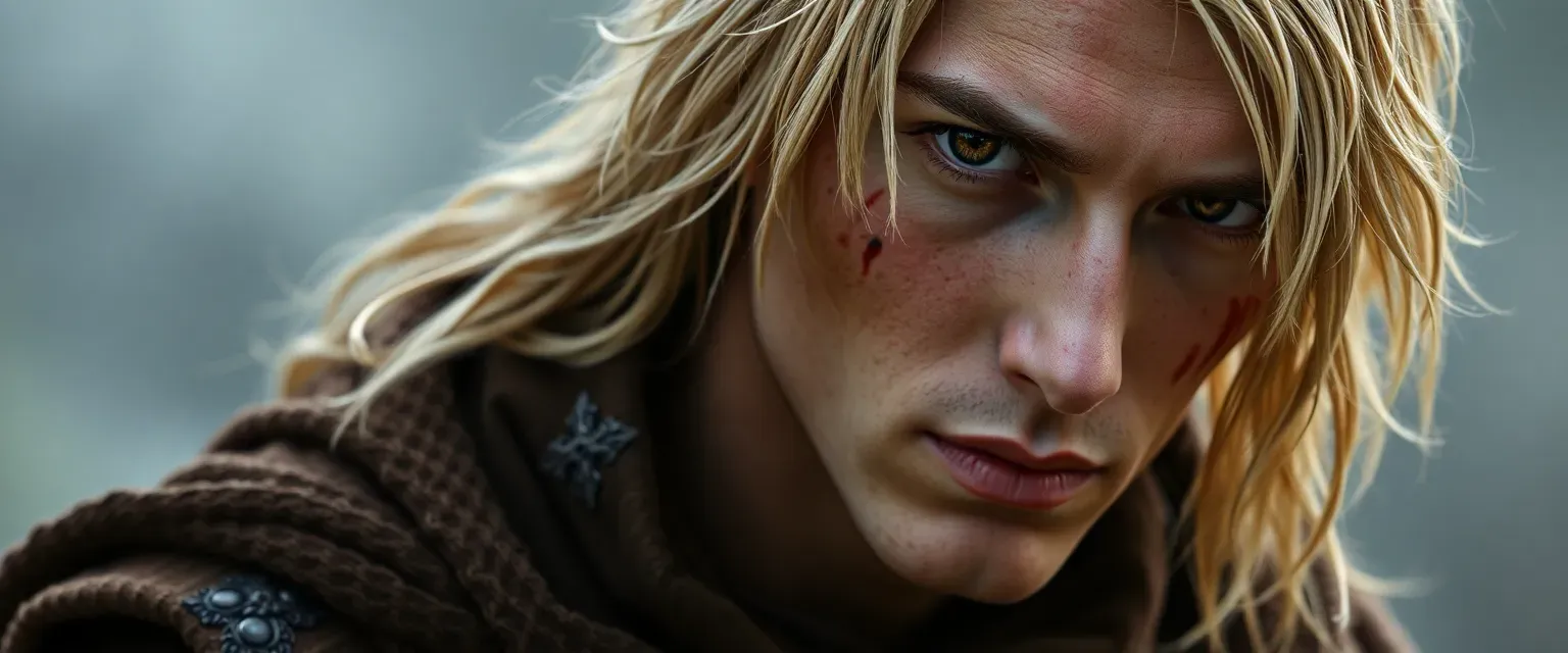 A tall, blonde-haired man in his mid-twenties with haunted brown eyes. Wearing tattered noble clothing, his once-pristine appearance now marked by scars and magical burns from his time in the demon realm.