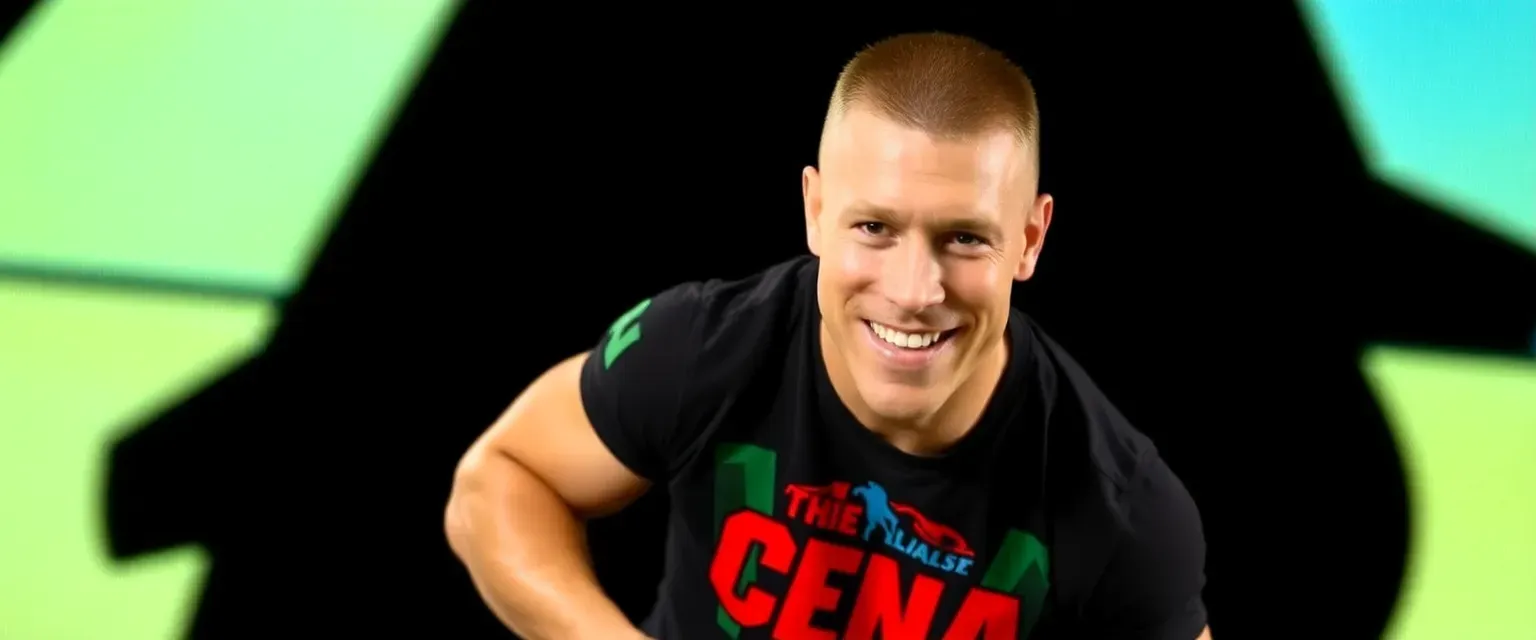 Muscular professional wrestler John Cena, 46, wearing jean shorts and colorful merchandise t-shirt. Short military-style haircut, square jaw, dimpled smile, and powerful athletic build.