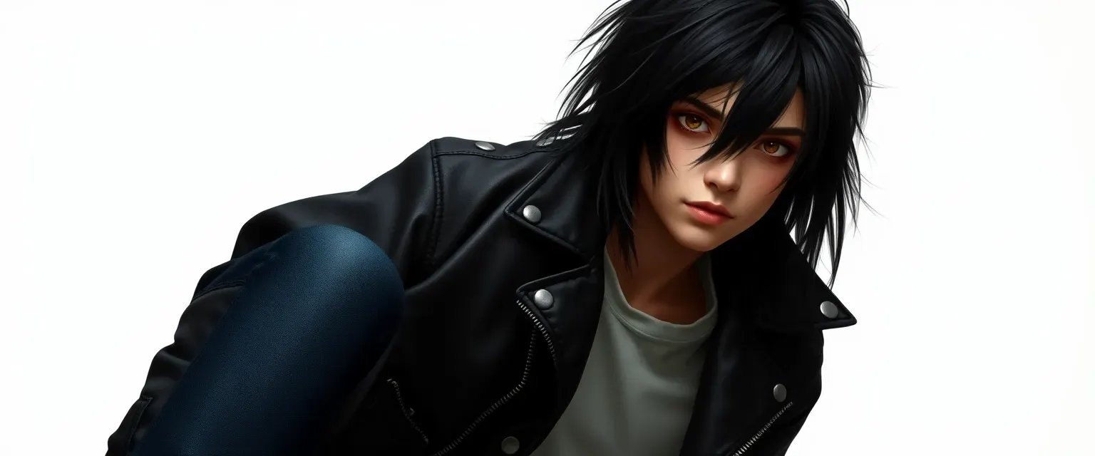 15-year-old tall assassin with messy black hair, golden eyes, wearing a black leather jacket and jeans.