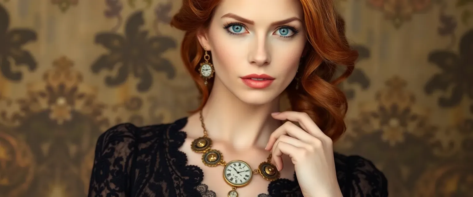 A tall, slender woman in her mid-30s with striking auburn hair and emerald eyes, wearing elegant Victorian-era clothing with distinctive brass clockwork accessories