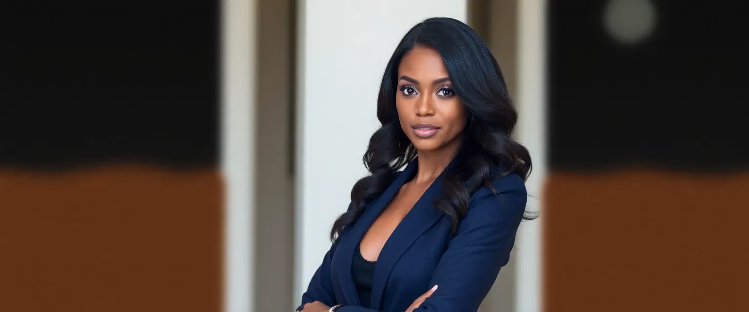 Elegant African American woman in her late twenties, long wavy black hair, big doe eyes, dark-brown skin, wearing a tailored navy blazer and pencil skirt, exuding professional confidence.