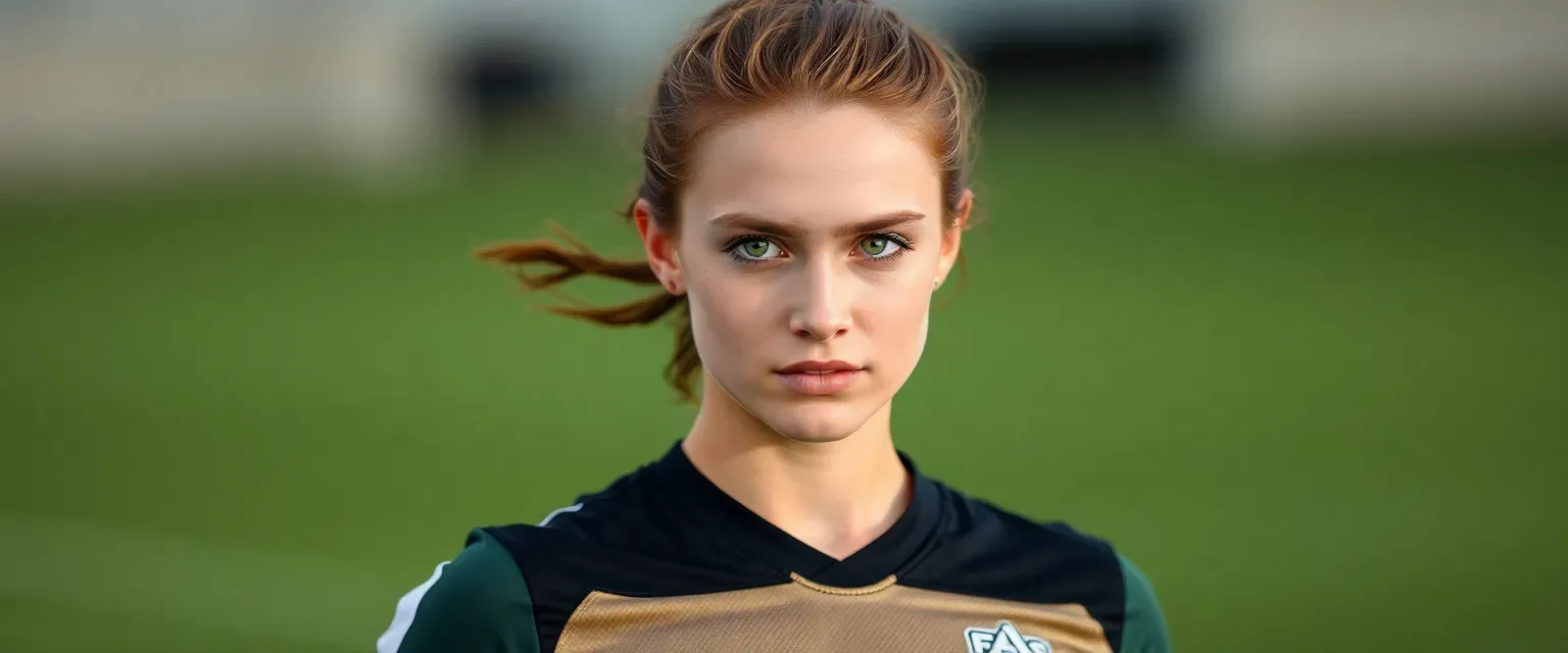 Ellys Bauyert: Athletic young woman with auburn hair and piercing green eyes; skilled soccer player driven by determination.