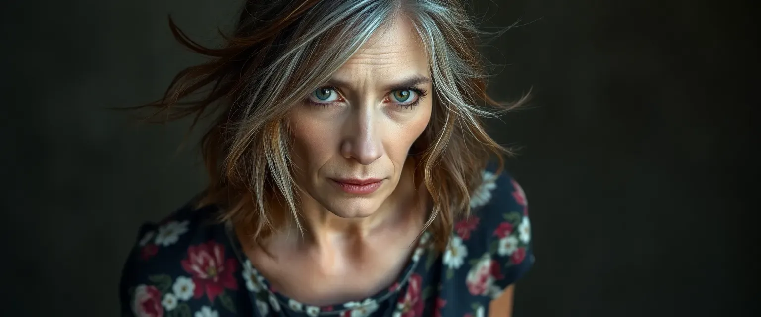 Middle-aged woman with wild gray-streaked auburn hair, wearing a tattered floral dress. Her eyes gleam with an unsettling intensity, and her movements are erratic and unpredictable.