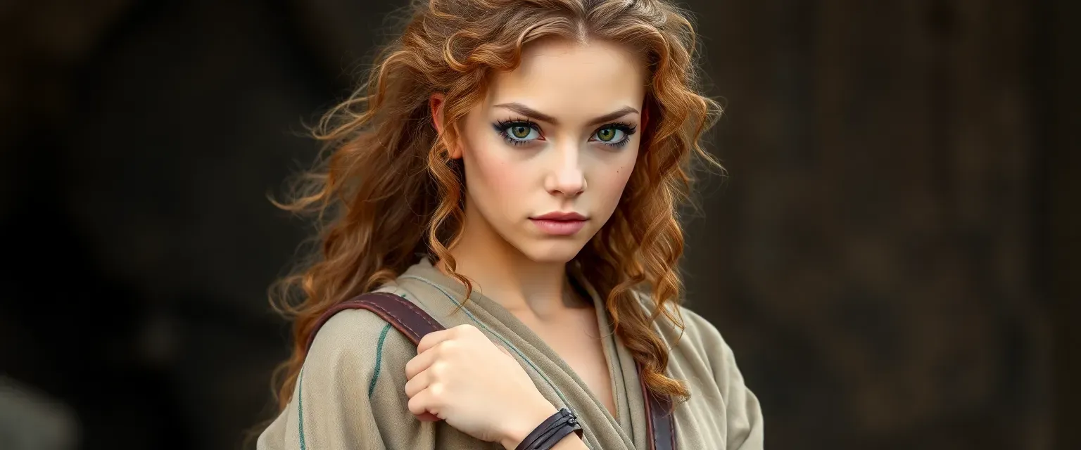 18-year-old female Jedi survivor with long honey brown curly hair, chocolate eyes, and distinctive scars. Wears simple tunics, boots, and a meaningful leather bracelet. Athletic build with graceful movements.