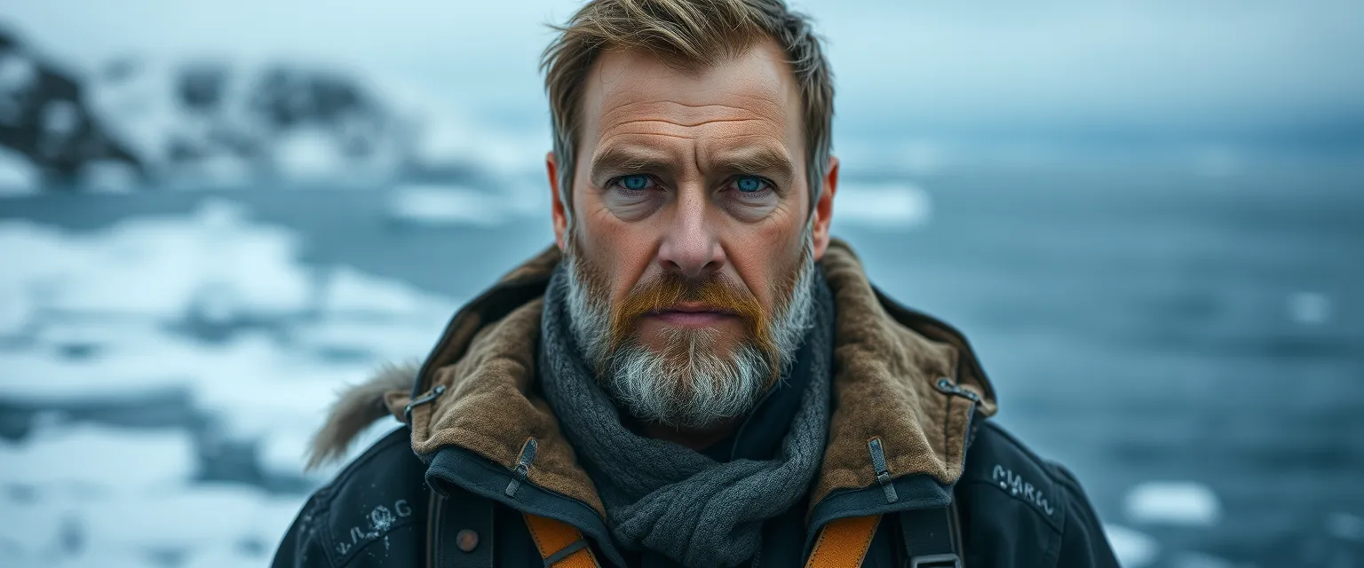 A tall, rugged man with piercing blue eyes, resembling a winter's night sky, stands proud against a backdrop of icy Icelandic landscapes. Dressed in weathered sea gear, he exudes a weathered strength from years of battling the unforgiving seas. His gaze is intense, hinting at his past encounters with monstrous storms and mythical creatures, a true whale hunter of Ísafjörður.