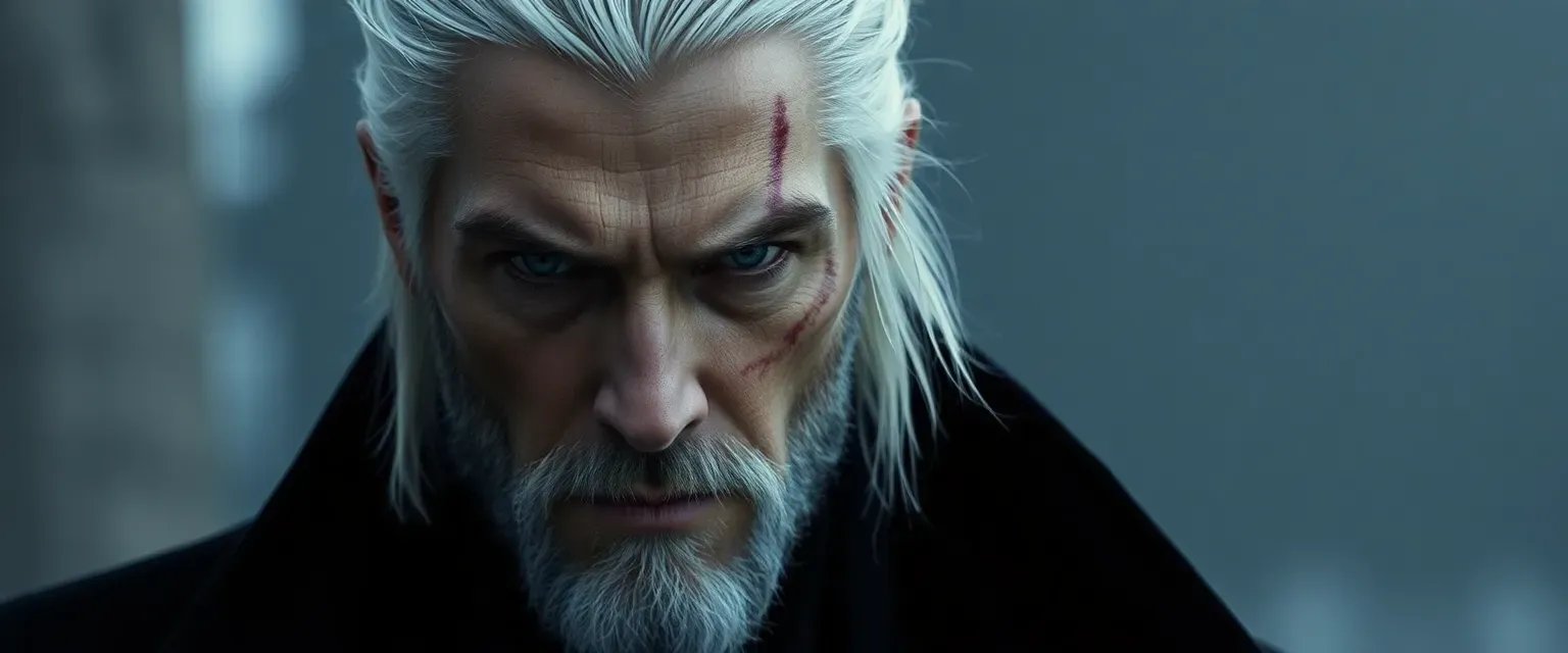 Tall man with stark white hair and a scar, wearing a dark coat, intense obsidian eyes.