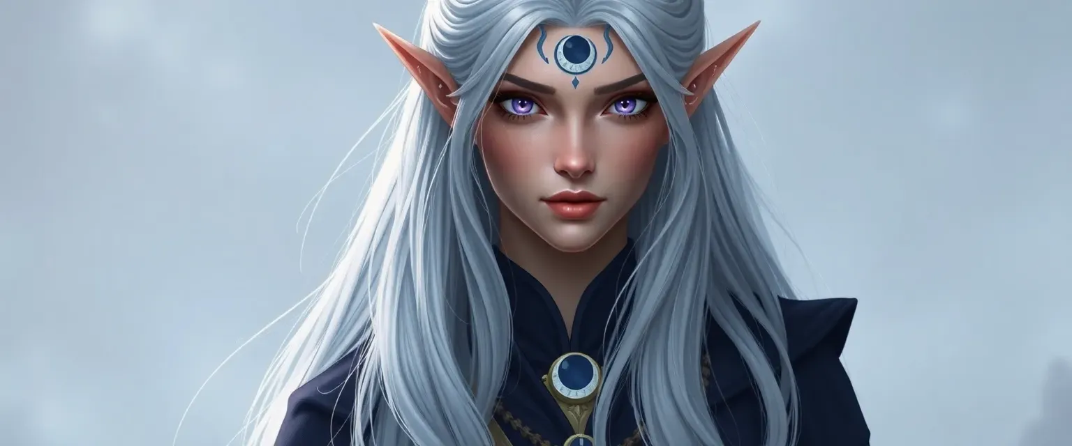 A tall, graceful half-elf woman with striking violet eyes, long silver-white hair, wearing elegant dark robes adorned with mystical symbols. Her face bears a distinctive crescent-moon birthmark.