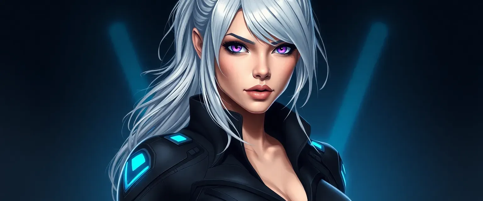 A tall, athletic woman in her late twenties with striking silver hair and piercing violet eyes, wearing a sleek black combat suit with glowing blue accents.