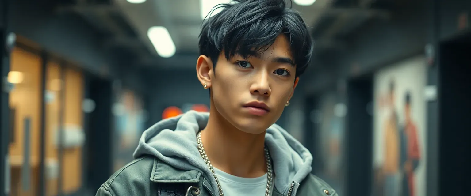 Young Asian-American male pop star, early 20s, with striking onyx-black eyes and short black hair, wearing designer streetwear, carrying himself with a mix of confidence and vulnerability.