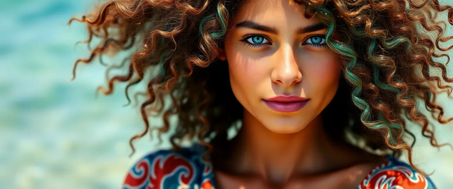 A vibrant young woman with sun-kissed skin, wild ocean-colored curls, aquamarine eyes, wearing loose garments adorned with marine patterns.