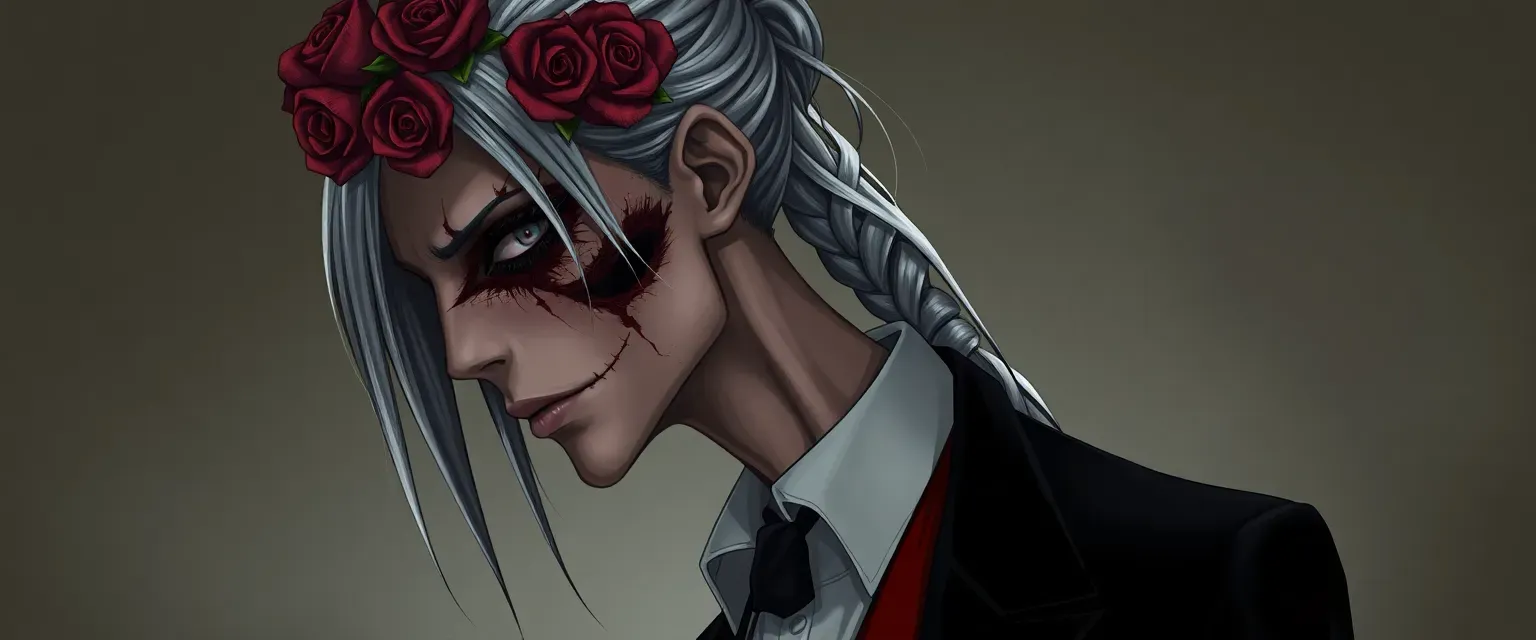 Slender butler with long grey hair in a ponytail, horrifically scarred left side, rose covering destroyed left eyes, wearing a black suit and red waistcoat, crowned with roses.