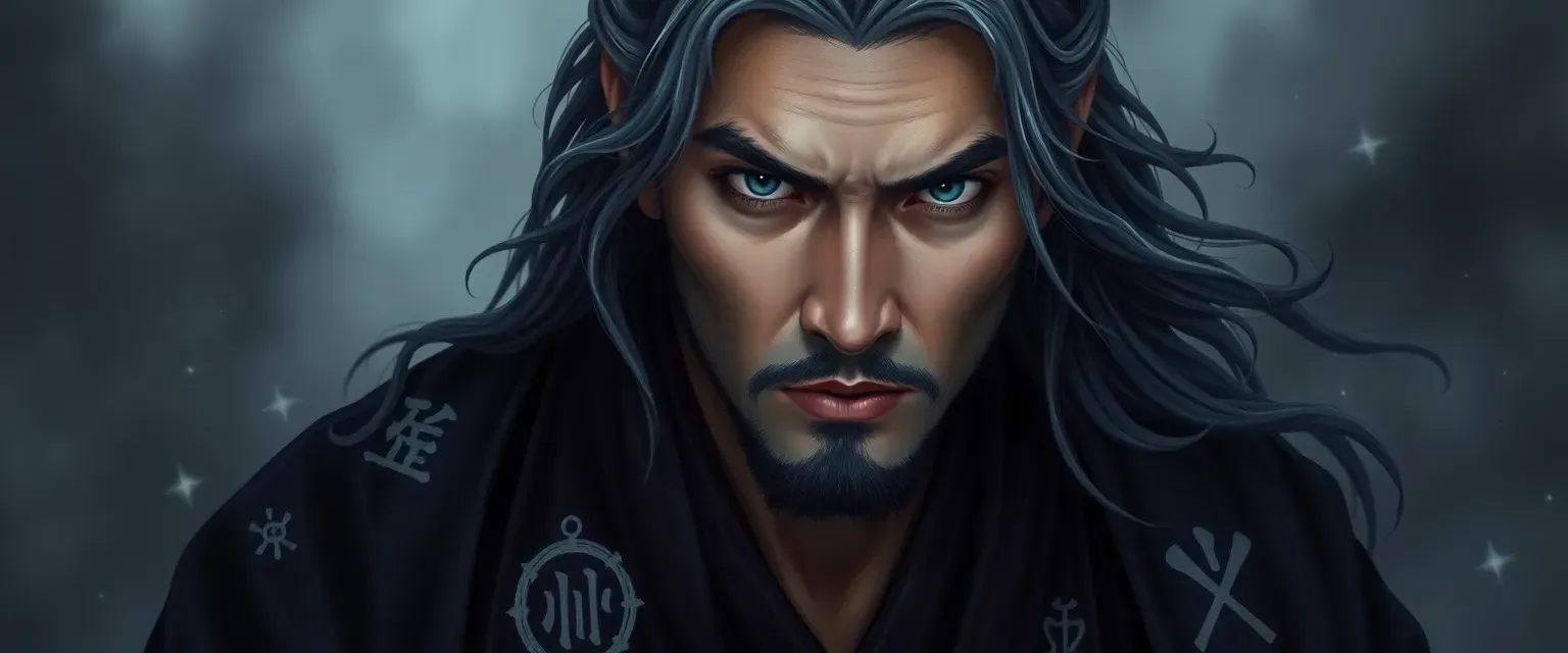 Symbols Zongwen is a mysterious linguist in his late thirties with stormy sea-colored eyes and silver-streaked black hair. Dressed in a midnight silk robe adorned with shifting symbols, he seeks ultimate truth through language.